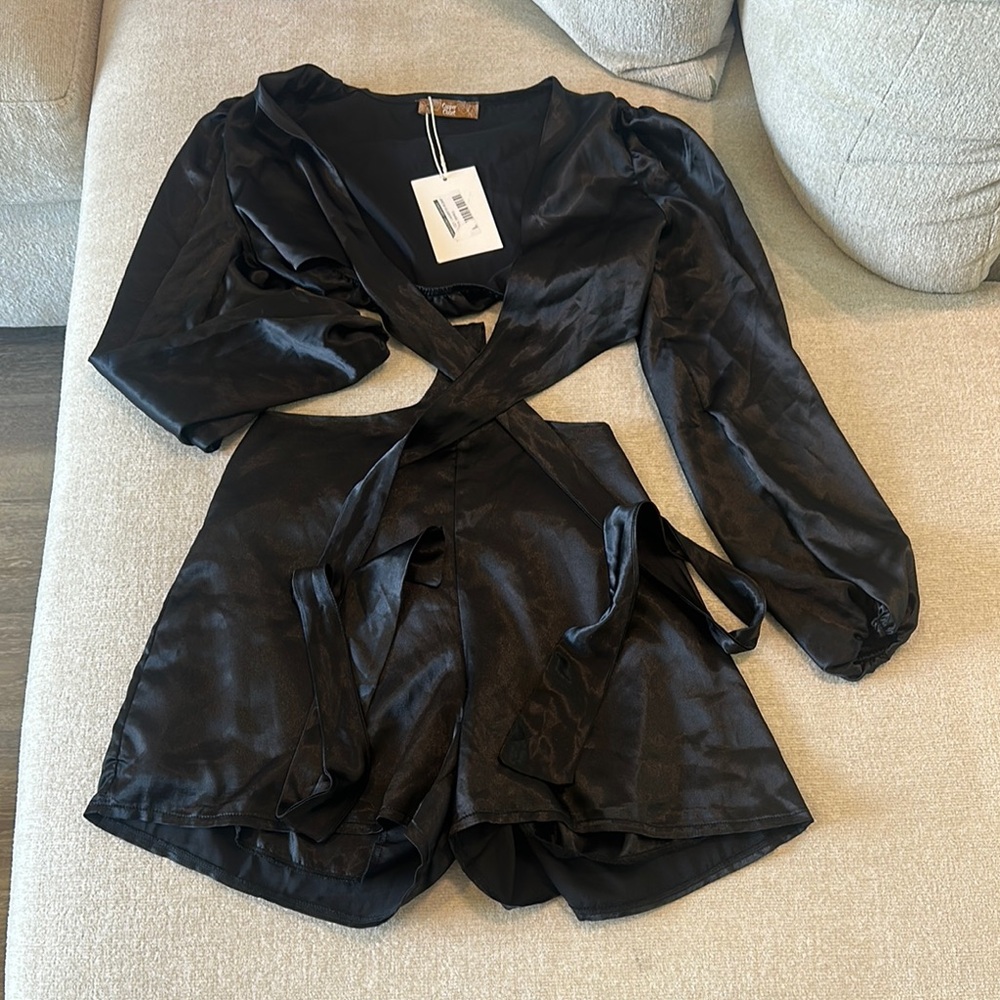 Black Satin Jumpsuit with Balloon Sleeves and Cut-Out Waist